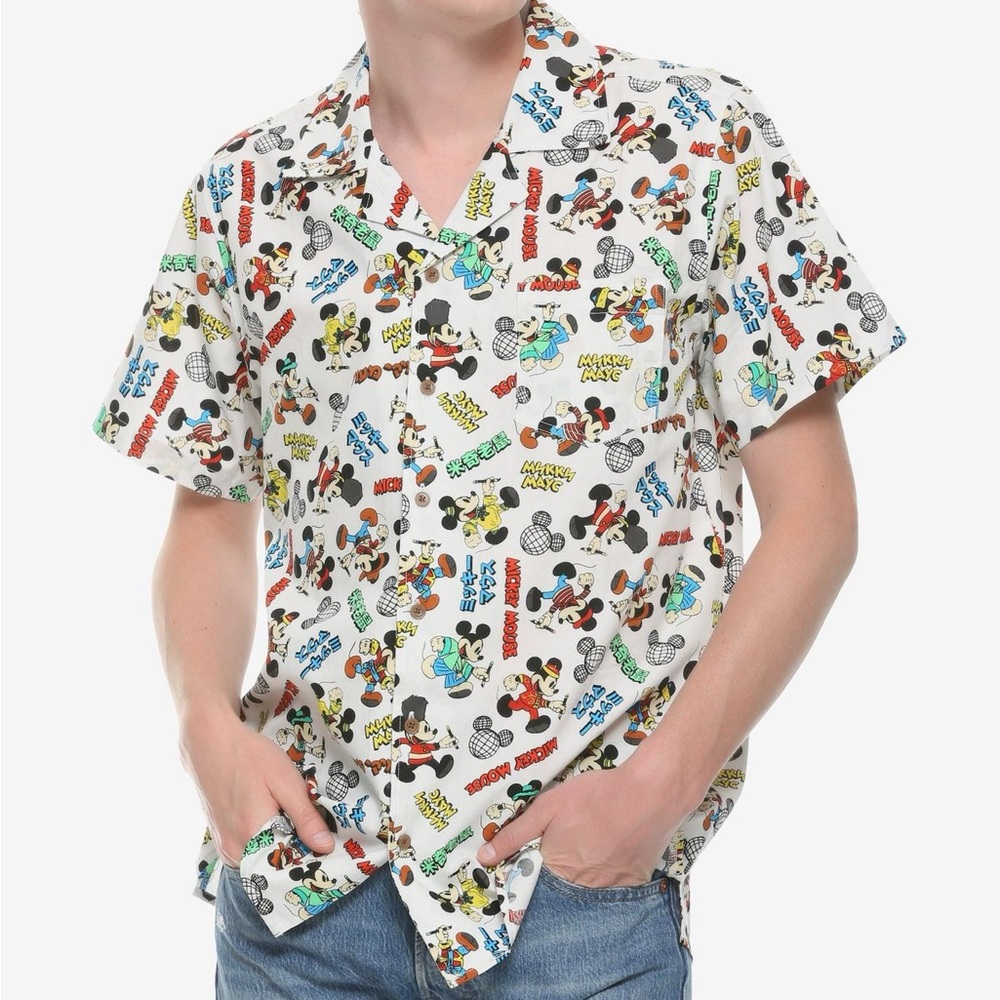 Disney Men's Mickey Mouse Around The World Woven Button Up Shirt - Size Large